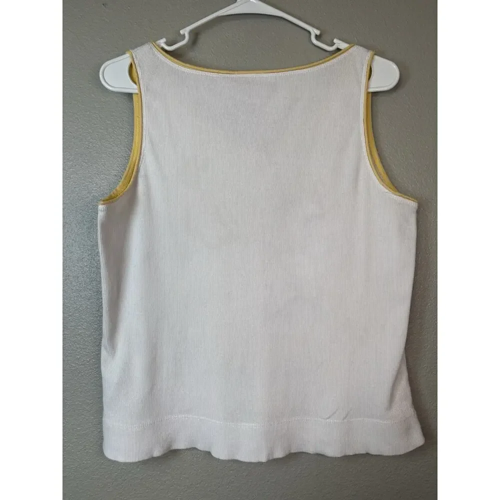 Vintage Y2K Route 66 White‎ Tank Top Yellow Piping Ribbed Size XL 100% Cotton
